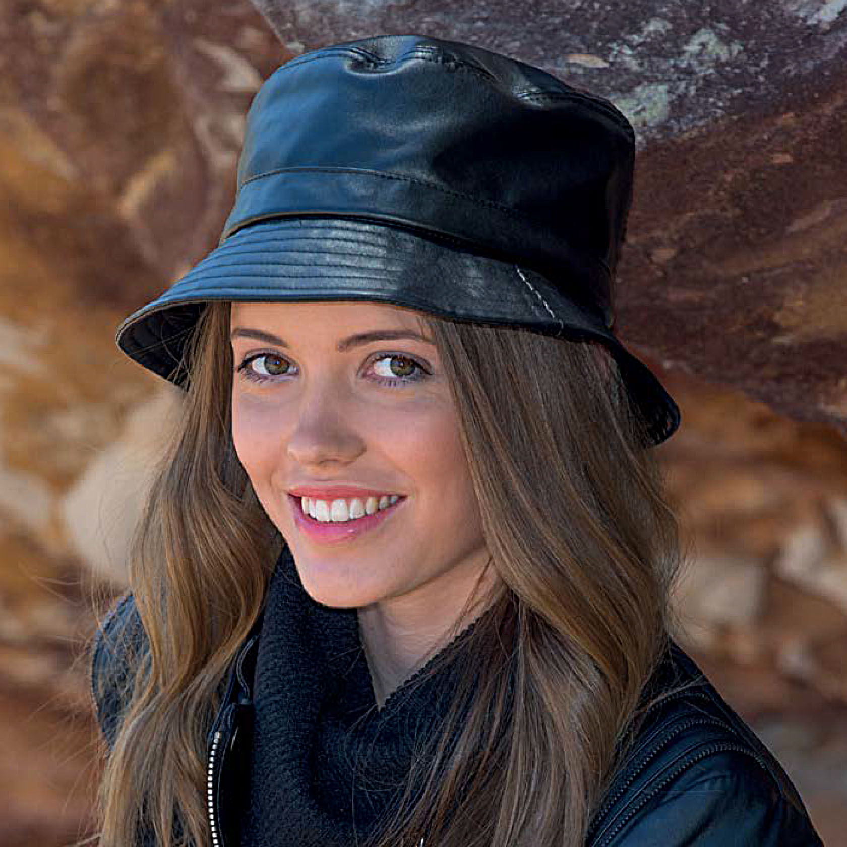 BD221 adelle faux leather bucket hat. On trend structured black faux leather bucket style hat.
